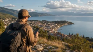 Traveller using a smartphone during manual network selection for a north macedonia esim in North Macedonia.