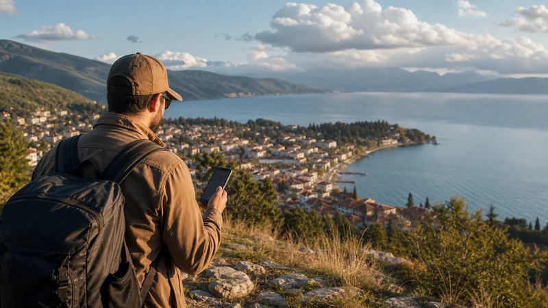 Traveller using a smartphone during manual network selection for a north macedonia esim in North Macedonia.