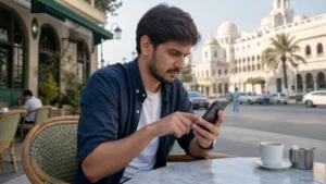 Traveller checking mobile network settings in Karachi