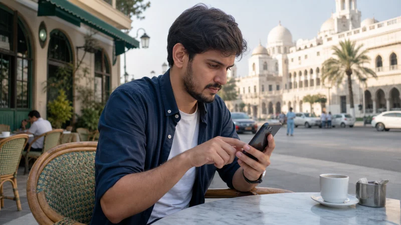 Traveller checking mobile network settings in Karachi