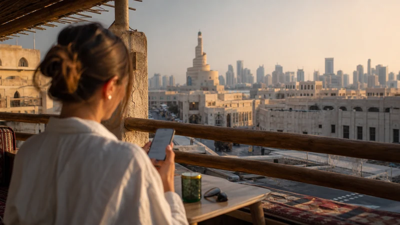 Traveller using a smartphone in traveller checking settings on a shaded Doha rooftop