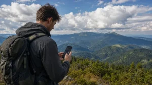 Traveller using a smartphone during manual network selection for a romania esim in Romania.