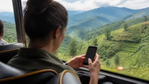 Traveller selecting a mobile network during a bus journey in Rwanda