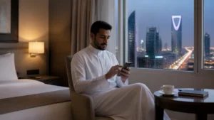 Traveller selecting a mobile network from a Riyadh hotel room.