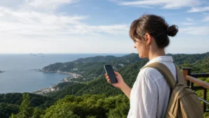 Traveller selecting a mobile network at a South Korean coastal viewpoint