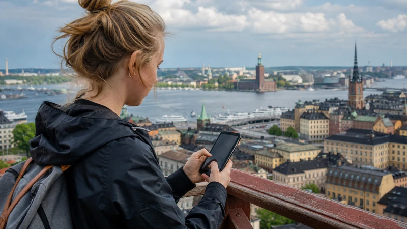Traveller using a smartphone while preparing for how to select a network manually with a sweden esim