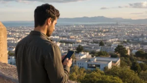 Traveller using a smartphone for Manual Network Selection Tunisia eSIM in Tunisia