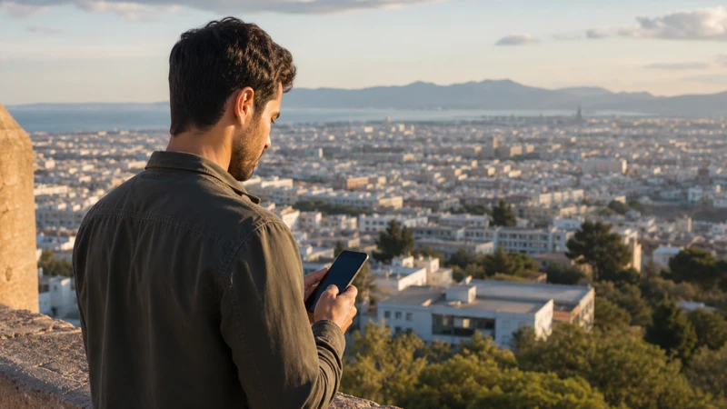 Traveller using a smartphone for Manual Network Selection Tunisia eSIM in Tunisia