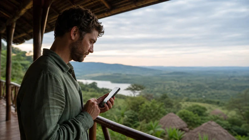 Traveller checking available networks on a phone.