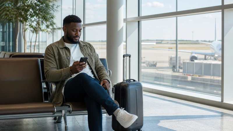 Traveller using a smartphone at Maputo airport