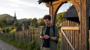 Traveller using a smartphone during mobile internet in maramureș villages in Romania.