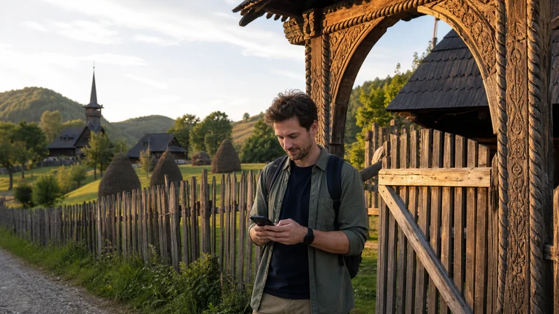 Traveller using a smartphone during mobile internet in maramureș villages in Romania.