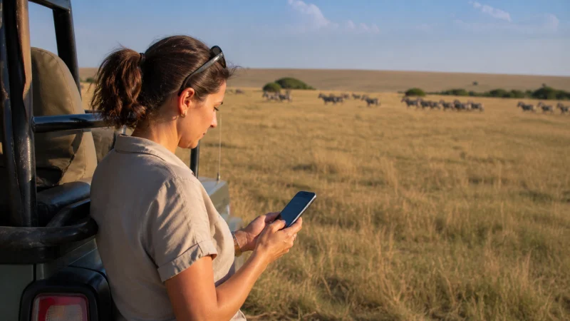 Traveller using a smartphone during a trip in Kenya