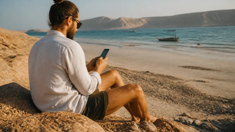 Traveller using a smartphone during traveller on Masirah Island coast
