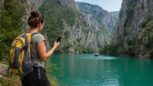 Traveller using a smartphone during mobile internet at matka canyon in North Macedonia.