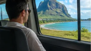 Traveller using a smartphone in Mauritius while researching mobile internet from mauritius airport to le morne
