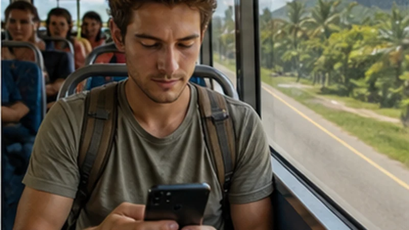 Traveller using a smartphone in Mauritius while researching backpacking mauritius: how to stay connected