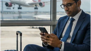 Traveller using a smartphone in Mauritius while researching reliable internet for business travel in mauritius