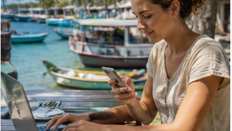 Traveller using a smartphone in Mauritius while researching mauritius internet guide for digital nomads