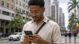 Traveller using a smartphone in Mauritius while researching how to use a mauritius esim on android