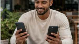 Traveller using a smartphone in Mauritius while researching how to use a mauritius esim with dual sim