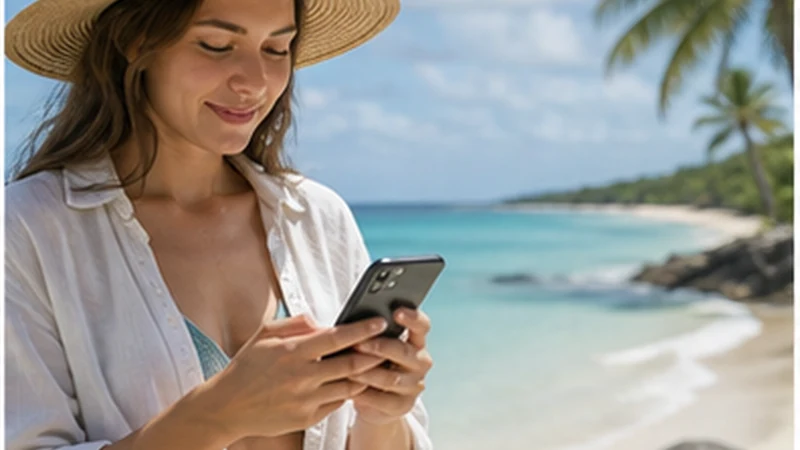 Traveller using a smartphone in Mauritius while researching using a mauritius esim for a beach holiday