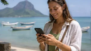 Traveller using a smartphone in Mauritius while researching how to use a mauritius esim on an iphone