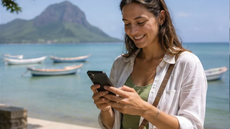 Traveller using a smartphone in Mauritius while researching how to use a mauritius esim on an iphone