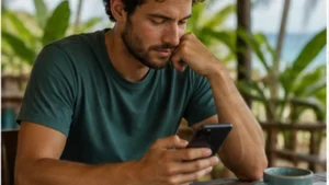 Traveller using a smartphone in Mauritius while researching mauritius esim prices: how to compare plans fairly