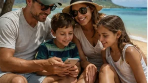 Traveller using a smartphone in Mauritius while researching mobile internet for family travel in mauritius