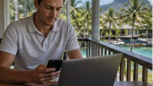 Traveller using a smartphone in Mauritius while researching mobile internet for a long stay in mauritius