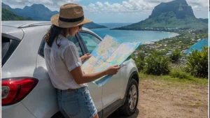 Traveller using a smartphone in Mauritius while researching offline maps and mobile data for a mauritius road trip