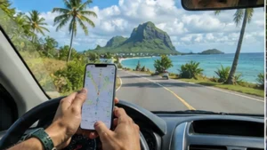 Traveller using a smartphone in Mauritius while researching mobile internet for a mauritius road trip
