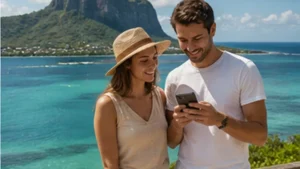 Traveller using a smartphone in Mauritius while researching mobile data for a short trip to mauritius