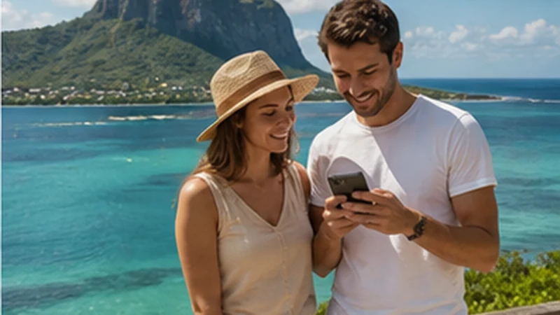 Traveller using a smartphone in Mauritius while researching mobile data for a short trip to mauritius
