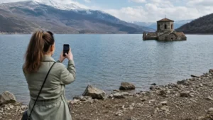 Traveller using a smartphone during mobile internet for visiting mavrovo national park in North Macedonia.