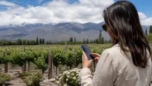 Traveller using a smartphone in Argentina for using mobile internet while staying in mendoza