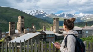 Traveller using a smartphone among Svan towers in Mestia