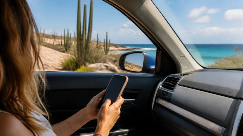 Traveller checking mobile data during a drive across Aruba
