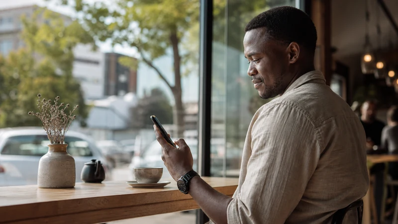 Traveller using mobile data in central Gaborone.