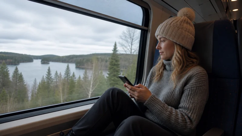 Traveller using mobile data aboard a Finnish intercity train