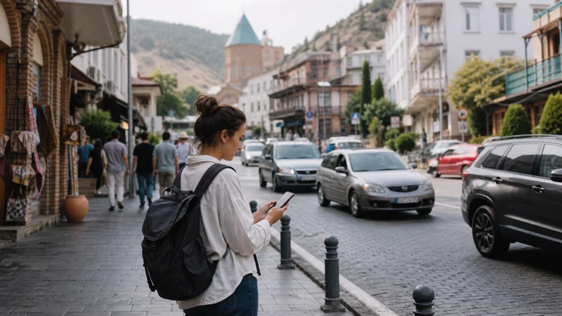 Traveller using mobile data for maps on a Georgian city street