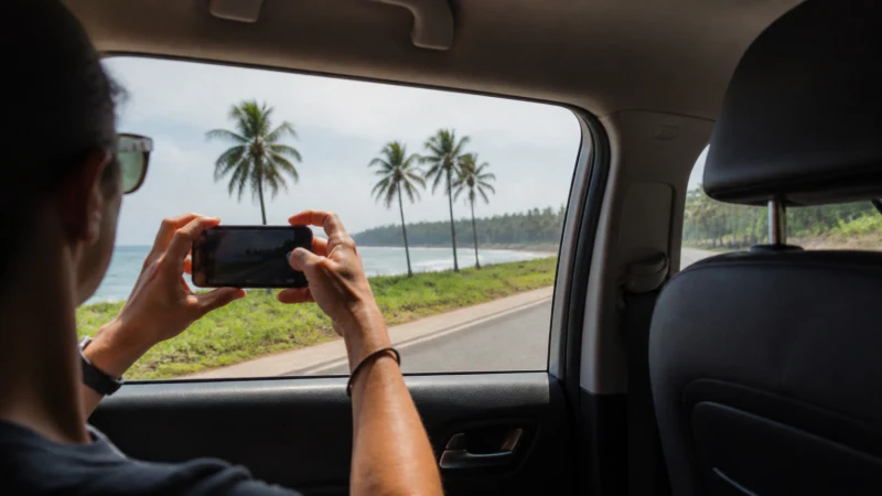 Traveller checking mobile data during a drive through Ghana