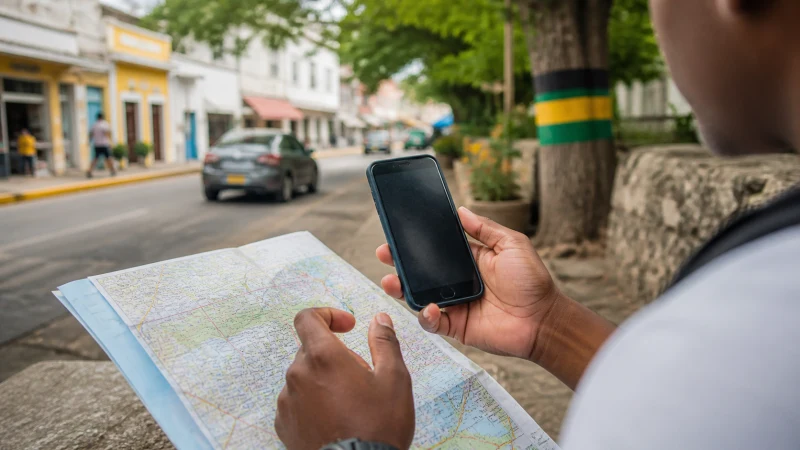 Traveller using a smartphone in Jamaica while using mobile data in Jamaica