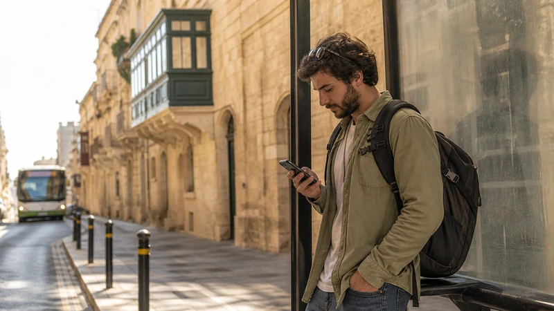 Traveller using a smartphone in Malta while using mobile data in Malta