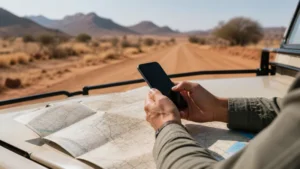 Traveller using a smartphone in Namibia while using mobile data in Namibia