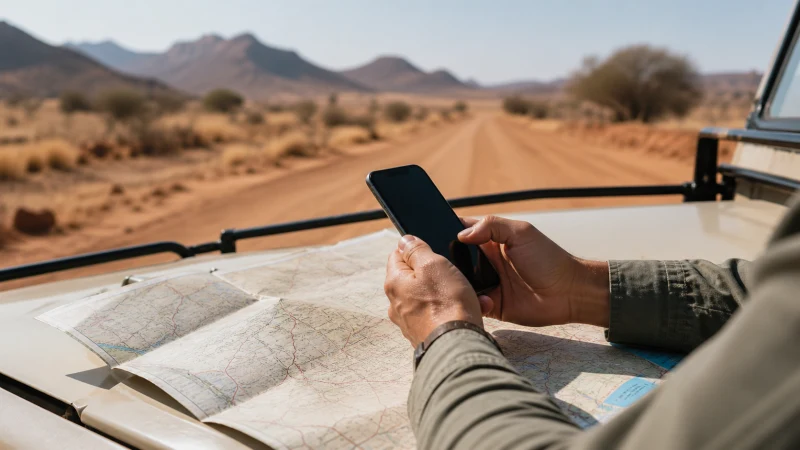 Traveller using a smartphone in Namibia while using mobile data in Namibia