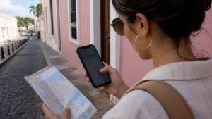 Traveller using a smartphone in Puerto Rico while using mobile data in Puerto Rico