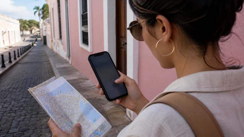 Traveller using a smartphone in Puerto Rico while using mobile data in Puerto Rico