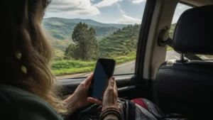 Traveller checking mobile data during a drive through Rwanda